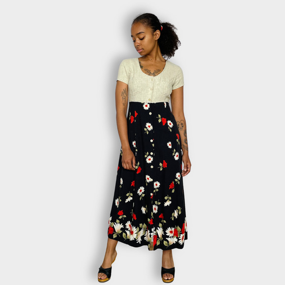 90s California Concepts Linen Top Red Floral‎ Dress - Picture 1 of 6